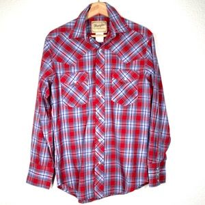 Wrangler Western Shirt Button Up Pearl Snap Small Long Sleeves Red Blue Plaid
